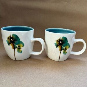 Set of 2 Starbucks 2009 Bone China Watercolour Blue and Green Floral Mug.